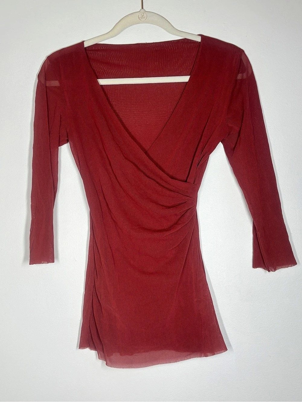 Burgundy Sheer Mesh Wrap Top Ruched 3/4 Sleeve Blouse